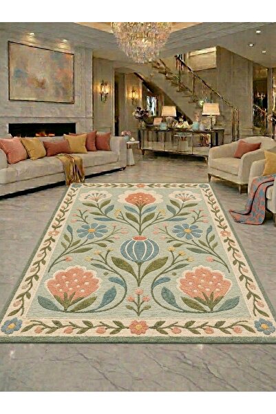 Rugs Modern Halı SDT Pastel Çiçek Bahçesi Motifli Yeşil Zeminli Dokuma Taban ...