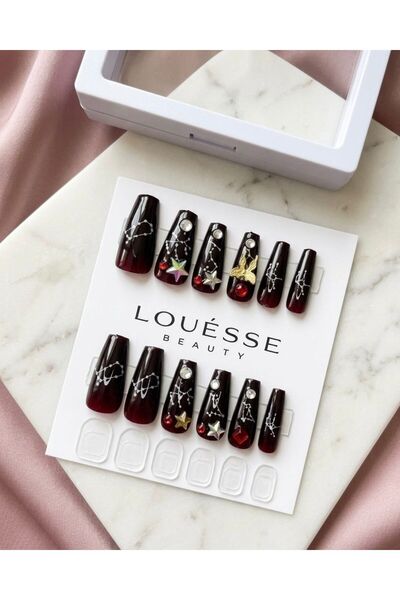 Louesse Beauty Louésse Galaxy Noir Takma Tırnak Seti 12’li – Kırmızı Siyah Ge...