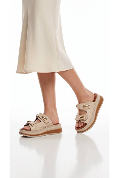 Lidora Women's Cream Velcro High Sole Slippers Ayk1070