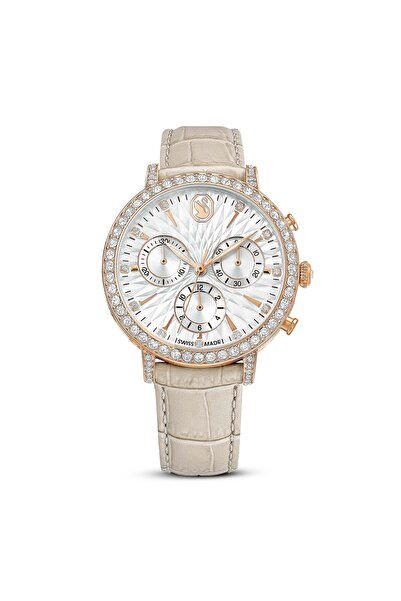 Swarovski Matrix Tennis Chrono Watch Swiss Made Leather Strap Beige Rose Gold...