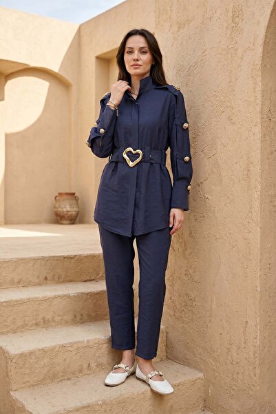 Missemramiss Aura Belt Detail Two-Piece Suit with Trousers 5120 Navy Blue