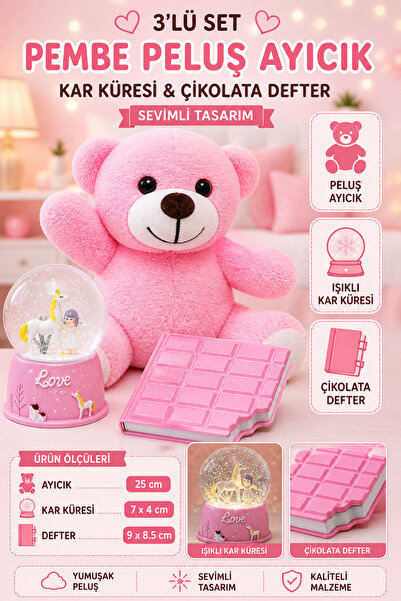 Tamsena Store 3’lü Pembe Peluş Ayıcık Kar Küresi ve Çikolata Defter Seti Sevi...