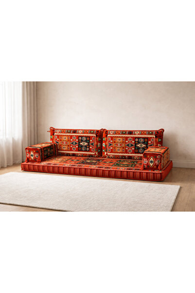 FEYZA DECOR HOME Otantik Kırmızı Şark Köşesi Yer Minderi - Kilim Desenli Stan...