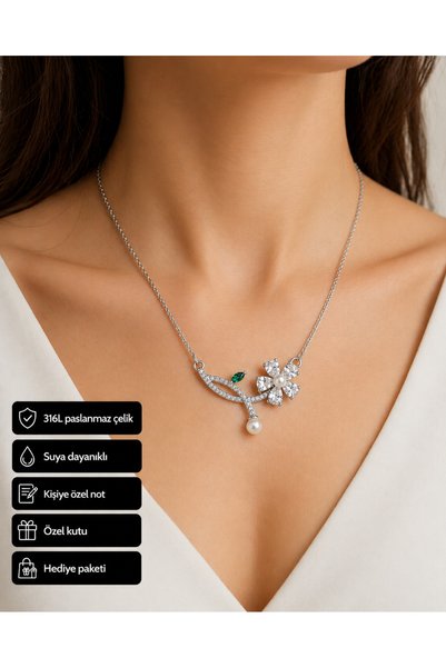 HER ŞEY NOTA www.herseynota.com Flower Leaf Detailed Women's Necklace Stainle...