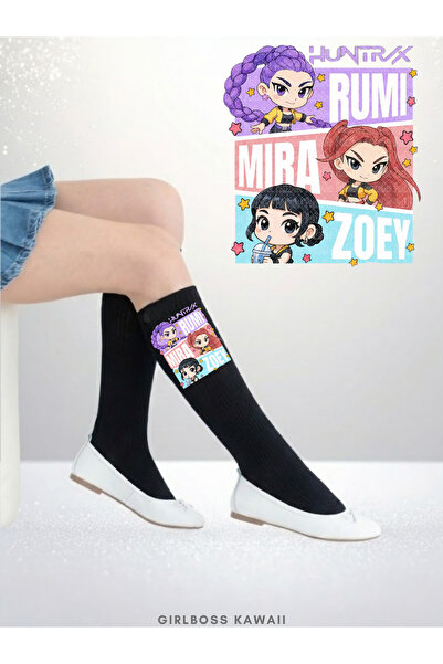 Girlboss Kawaii جوارب K-pop Demon Hunters Huntrix القطنية السوداء بطول الركبة