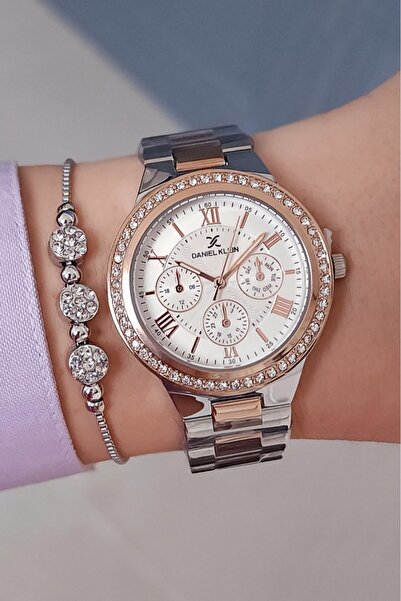 Daniel Klein Çelik Bilezik Rose Gold/Metalik Taşlı Kadın Kol Saati + Zirkon T...