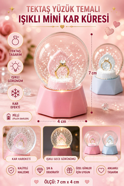 Tamsena Store Tektaş Yüzük Temalı Işıklı Mini Kar Küresi Dekoratif Cam Fanus ...