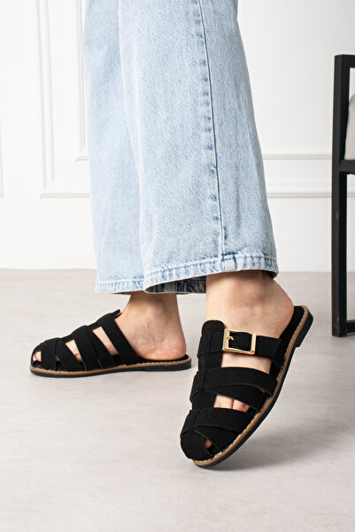 Suuet Yewa Women's Slippers with Cross Straps and Gold Buckle Suede