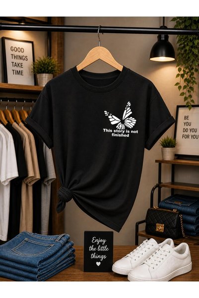 playwear Tricou cu decolteu rotund, cu imprimeu fluture alb pe piept, 100% bu...