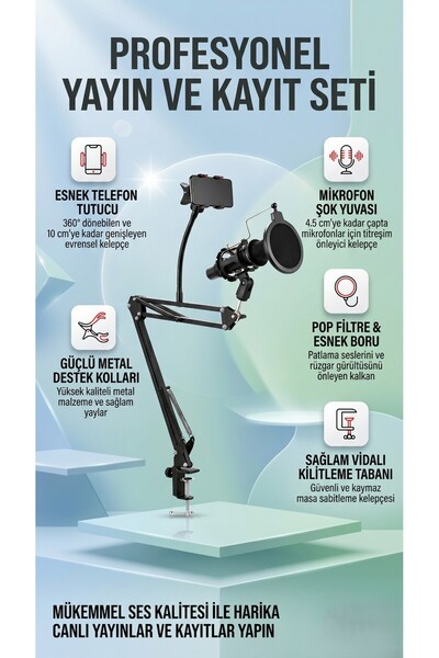 MATECHNO Profesyonel Masa Tipi Akrobat Mikrofon Standı Seti - Pop Filtre ve T...