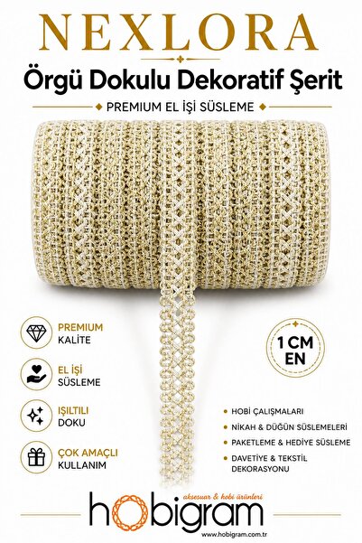 Hobigram Krem Gold Işıltılı Nexlora Örgü Dokulu Dekoratif Şerit – Premium El ...