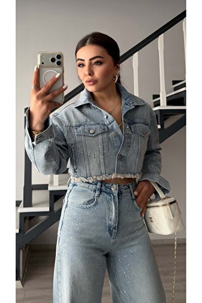 Oslove Light Blue Stoned Crop Denim Jacket
