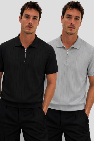 ZMODA SOFT تي شيرت رجالي بياقة بولو وسحاب أمامي، مخطط وذو ملمس مميز، بأكمام ق...