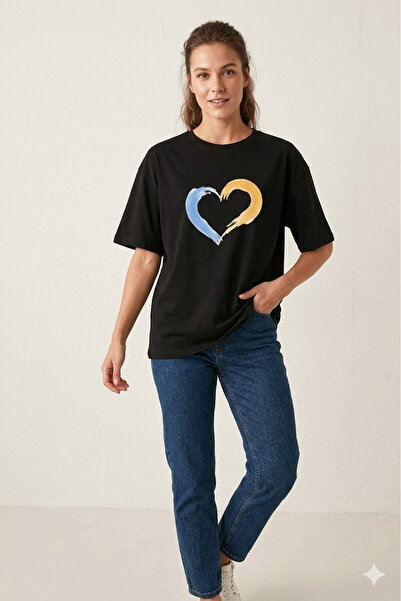Justime Design Heart Front Print Oversize Cotton Crew Neck Unisex T-Shirt