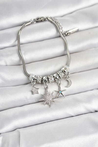 Clariss Brass Silver Color Pole Star Detailed Charm Women's Bracelet
