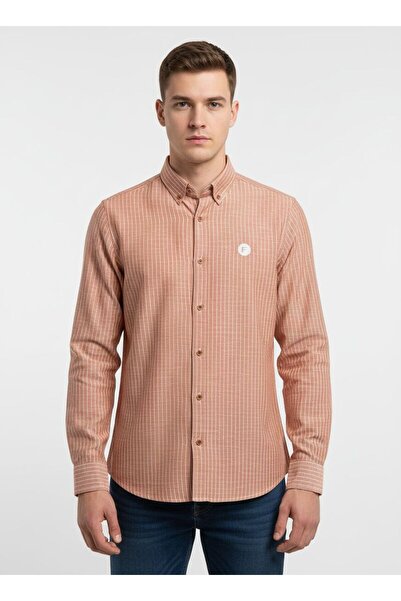 FUSARO Keten Pamuklu Slim Fit Çizgili Erkek Gömlek - Kolay Ütülenebilir Nefes...