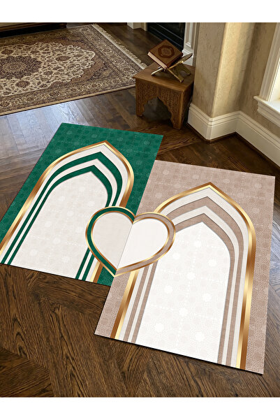patron halı Sec_535 Heart-Shaped Prayer Rug Non-Slip Base Double Prayer Rug S...