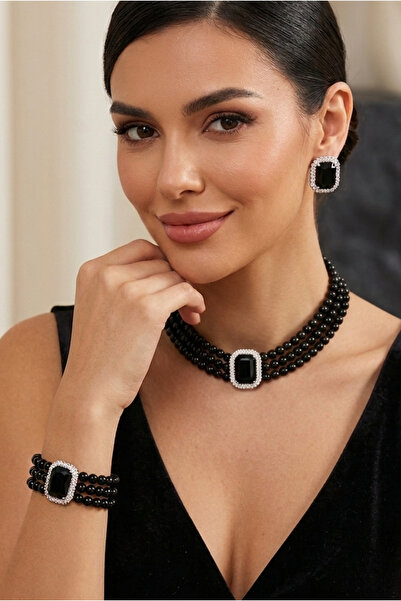 Happyline Baget Taşlı Siyah İncili Choker Set Takım, Siyah Cam İncili Kolye ,...