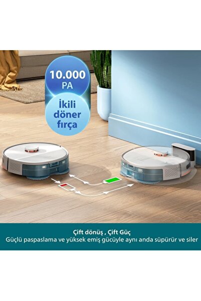Philips 10000Pa Çift Döner Mop Lazer Teknolojisi Akıllı Robot Süpürge Beyaz