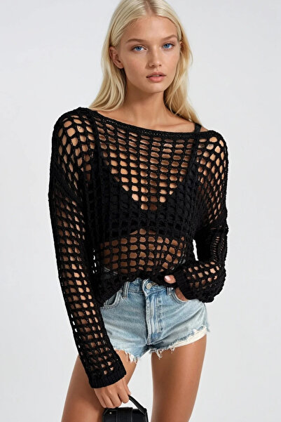 Asfaha Fashion Kadın File Detaylı Uzun Kollu Transparan Triko Bluz