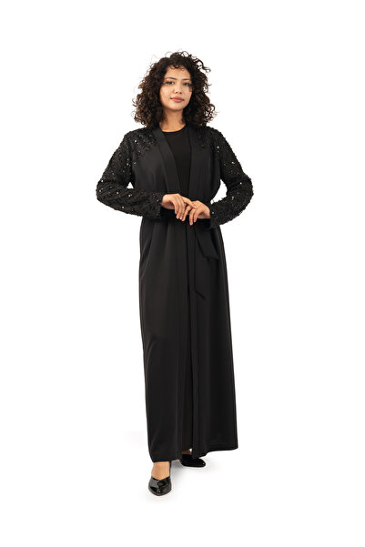 derin store Siyah inci işlemeli kimono, detaylı abaya