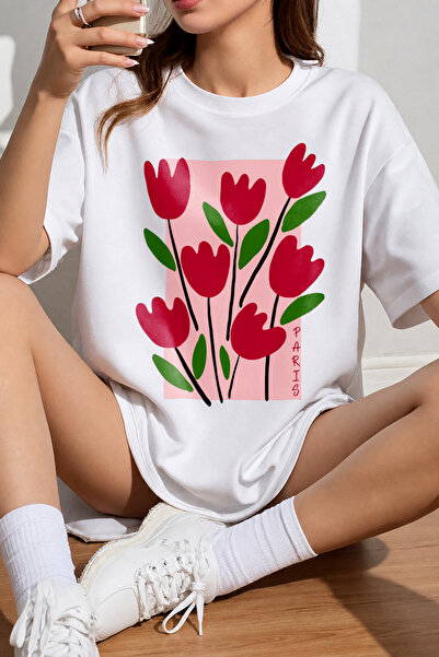 Velostra Tricou de damă din bumbac pieptănat, cu imprimeu lalele roșii, supra...