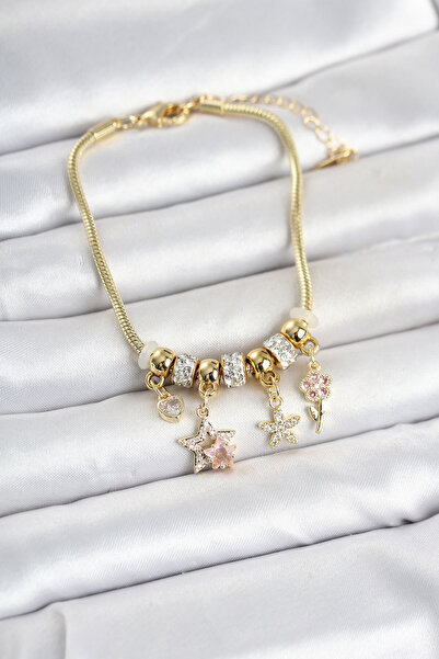 Twin Store Brass Gold Color Star Flower Detailed Charm Women's Bracelet