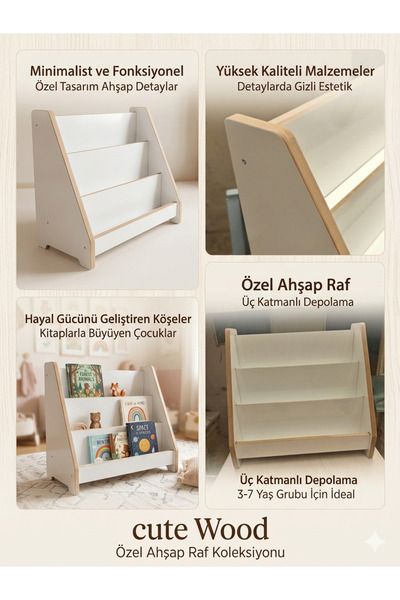 Cute&Wood Cute Wood Montessori Ahşap Yer Kitaplığı-3 Raflı Eğitici Çocuk Kita...