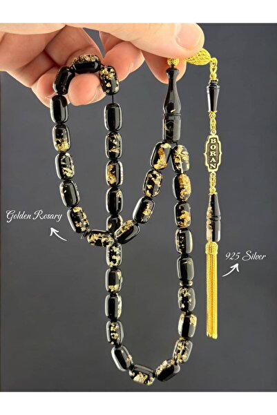 Golden Rosary - Altın Varak Detaylı Tesbih, 925 Ayar Gümüş Püskül