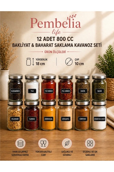 Kitchen Pembelia 12 Adet 800cc Etiketli Metal Kapaklı Cam Baharat Erzak Bakli...
