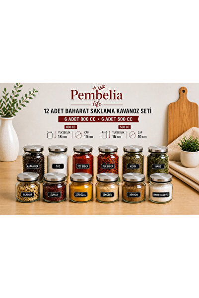 Pembelia Life 12’li 6 adet 800cc 6 Adet 500cc Etiketli Metal Kapaklı Cam Baha...