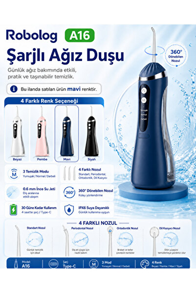 ROBOLOG Ağız Duşu Premium Şarj Edilebilir 4 Başlıklı Taşınabilir Diş Protez A...