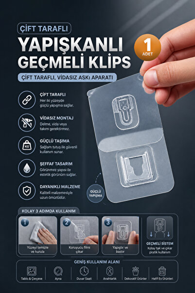 KCA HOME 1 Adet Çift Taraflı Yapışkanlı Geçmeli Klips, Güçlü Yapışkanlı Geçme...