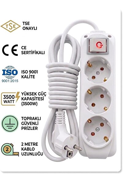 bydiz 3'lü Priz Anahtarlı 2 M Topraklı Uzatma Kablosu 3500W Grup Priz Kablolu...