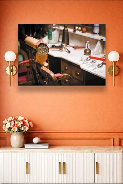 DEKORTR Vintage Berber Koltuğu Kanvas Tablo Retro Barber Shop İç Mekan Dekoru...