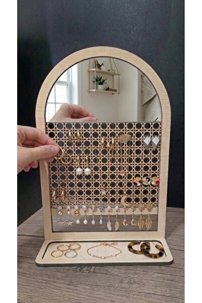 AHİ HAYAL ATÖLYESİ Ahşap Aynalı Küpe Standı,Rattan Desenli Takı Standı, Takı ...