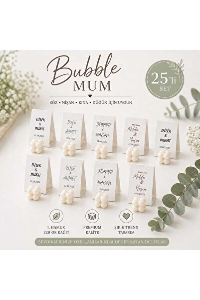 MS VELORA Kişiye Özel Nikah, Nişan, Söz, Kına Hediyelik Bubble Mum (25 Adet)