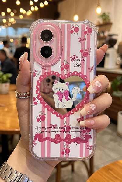 Nezih Case Oppo A38 Uyumlu Premium Pembe Kedi ve Fiyonk Desenli Aynalı Tasarı...