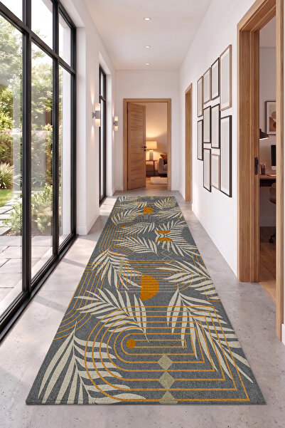 Gri Lüks Kaymaz Taban Dijital Baskı Modern Yolluk Koridor Halısı