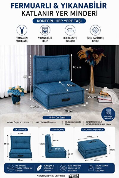 COLORMİX Fermuarlı Yıkanabilir Katlanır Çok Amaçlı Yer Minderi 60x60 cm Taşın...