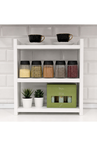 Desing 3 Katlı Ahşap Beyaz Mutfak Rafı – Baharatlık Organizer 45x40x16 cm Mod...