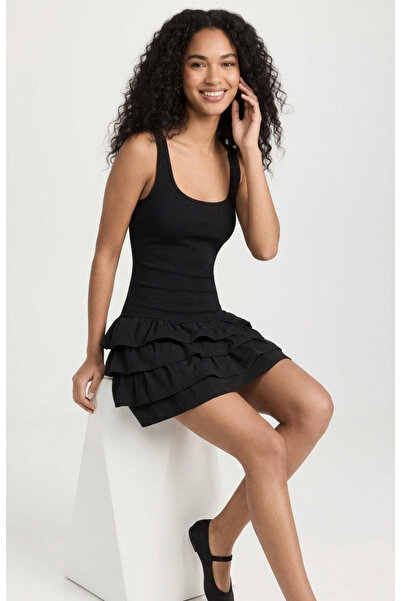 BLOUSE Fırfır Detaylı Askılı Siyah Elbise
