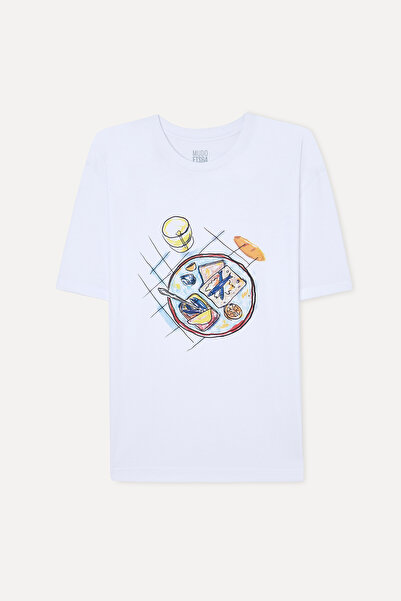 Mudo Erkek Beyaz Baskılı Oversize Bisiklet Yaka T-Shirt