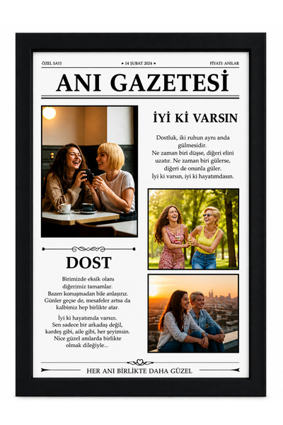REFSTORE Kişiye Özel Anı Gazetesi Tasarımlı Fotoğraf Tablo – 3 Fotoğraflı Dos...