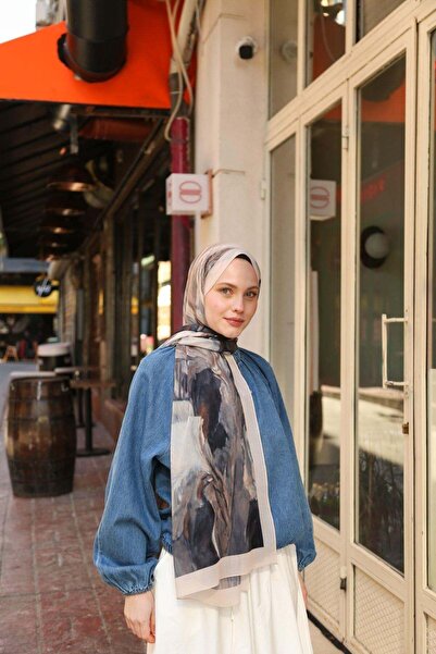ENRİCO FERRİ Noir Abstract Pattern Shawl - Cream-Denim Blue