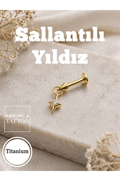 Karınca Piercing Titanyum Vertical Helix Piercing Yıldız Sallantılı Taşlı Con...