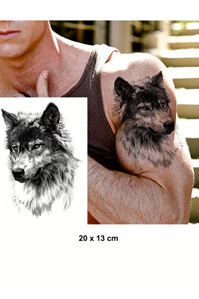 KURBE 20x13 Cm Gerçekci Yarı Kalıcı Bozkurt Dövmesi Omuz ve Göğüs Dövmesi Geç...