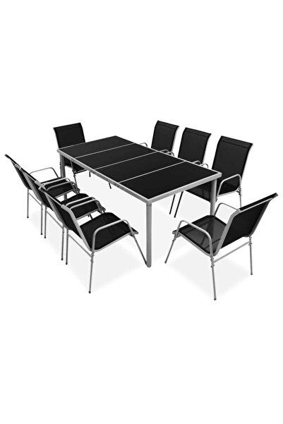 vidaxl Set mobilier de exterior, 9 piese, negru, oÈ›el