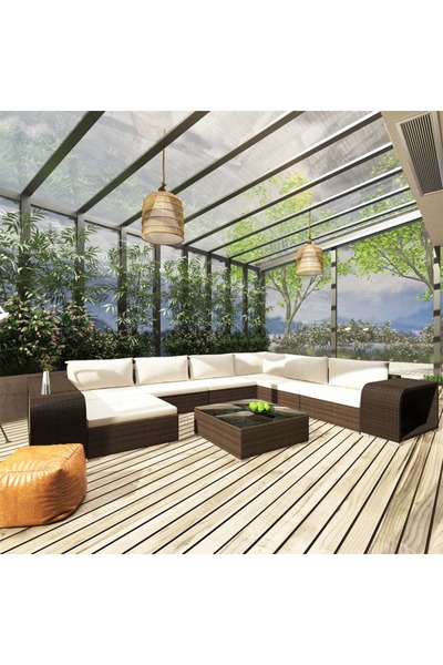 vidaxl Set mobilier de gradina cu perne, 10 piese, maro, poliratan