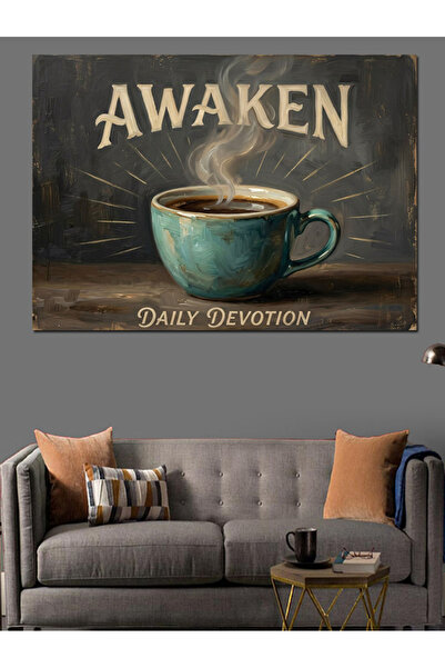 Artmeg Coffee and'Awaken' Text Decorative Canvas - Mdf Wood Table